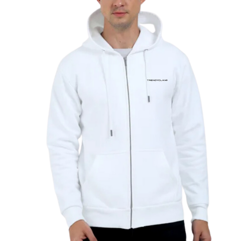 TrendyClan® Front Zip Men White Printed Bio Washed Fleece Hoodie  | Unisex Zipper Hoodie